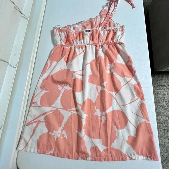 🍑SOLD Roxy One Shoulder Floral Mini Dress Peach & White Size L - Picture 4 of 8